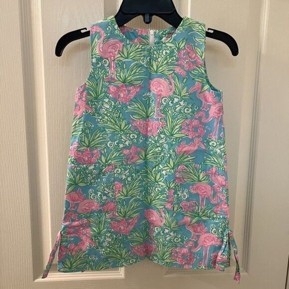 Lilly Pulitzer Flamingo Pelican Shift Dress Pink Green Blue Girls Size 4 - Picture 1 of 12
